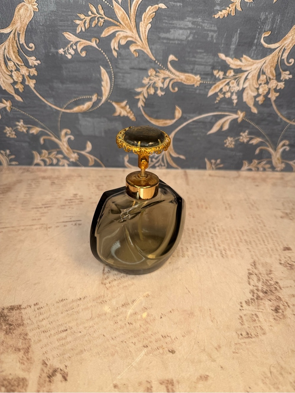 Vintage Smoky Gray Glass Perfume Atomizer Gold Filigree Top Art Deco Style